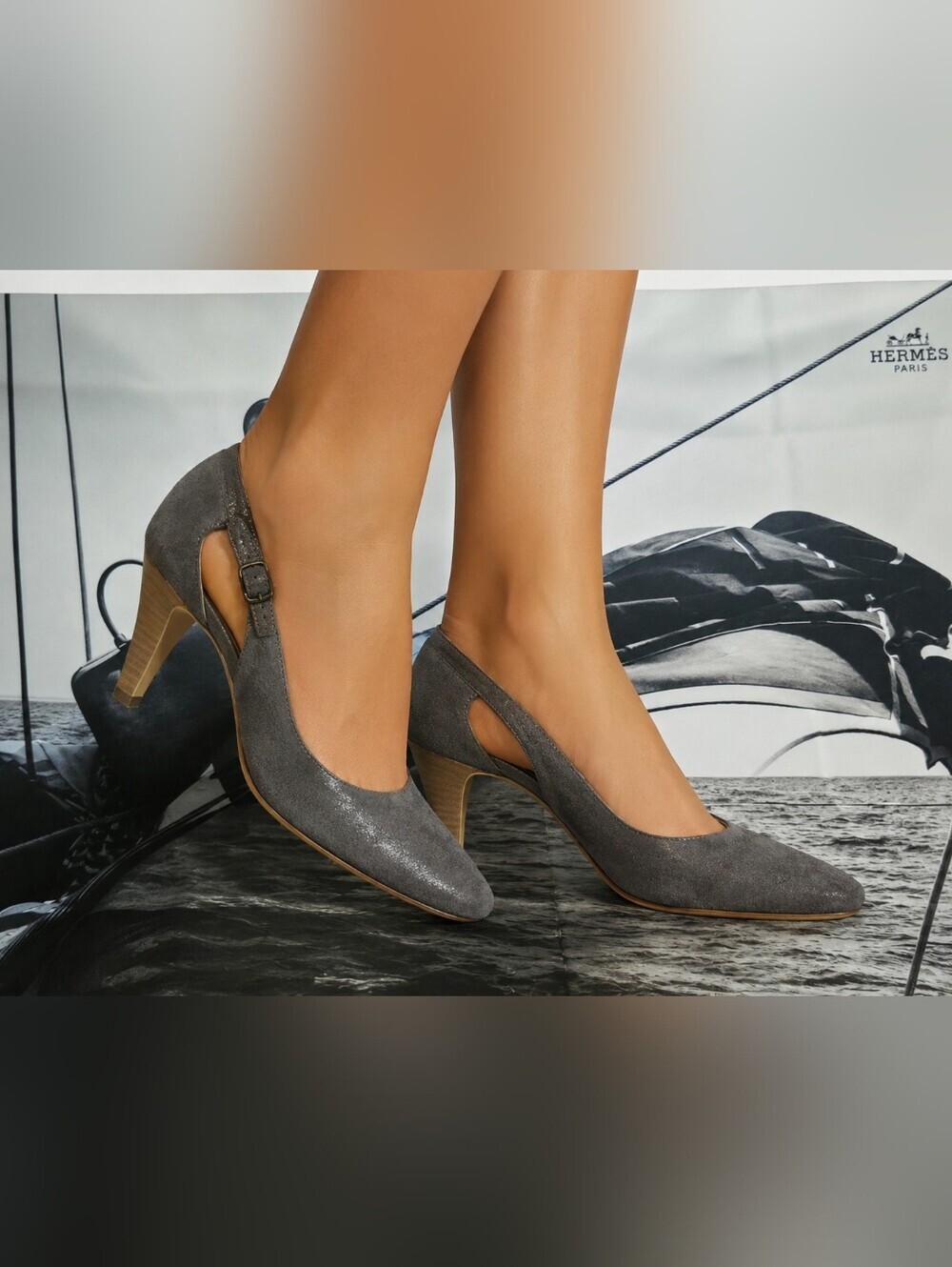 Paul Green Women's Gray  Suede Slingback Heels Size 3 1/2